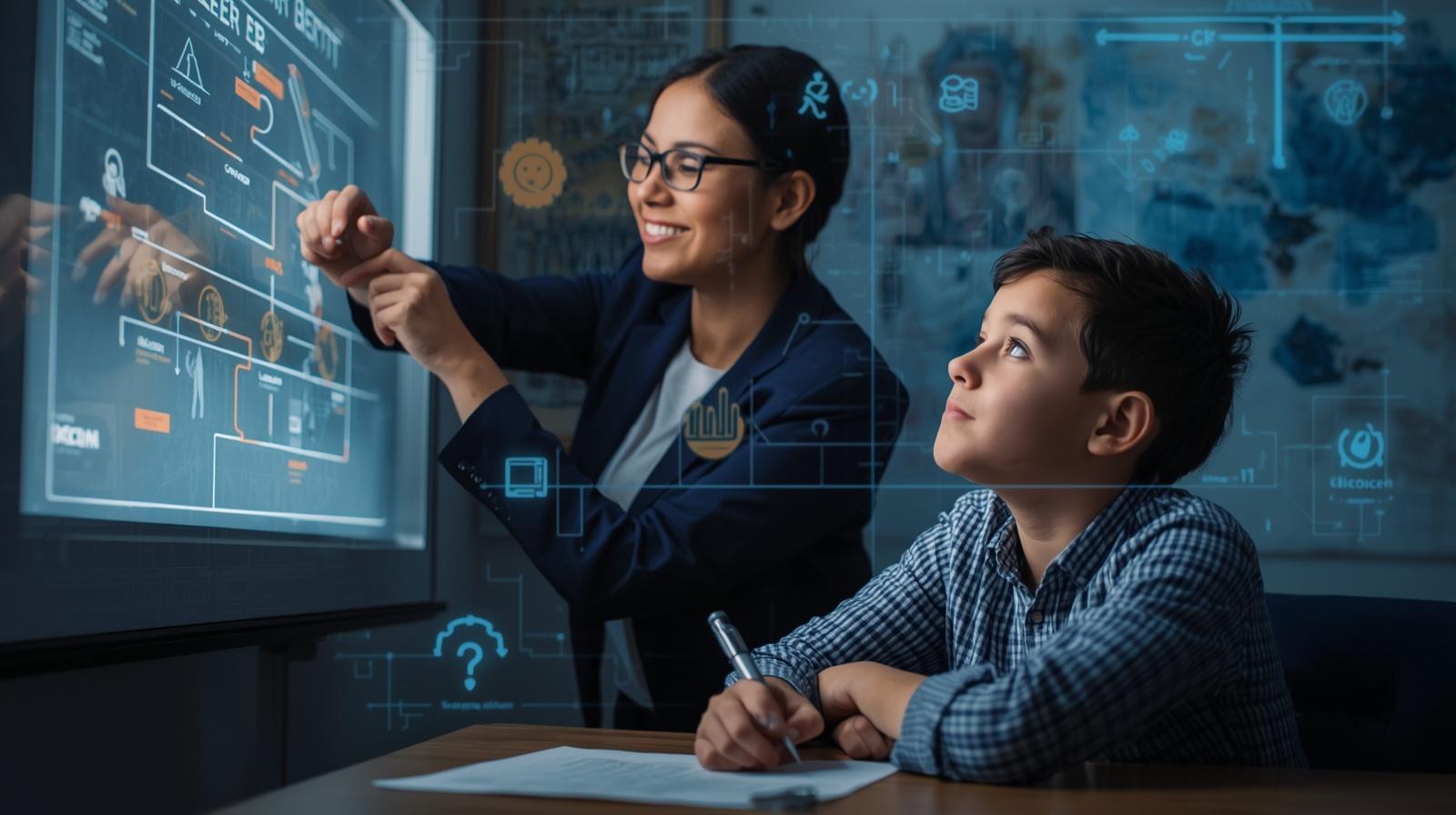 Teacher explaining a concept visually while a student listens carefully
